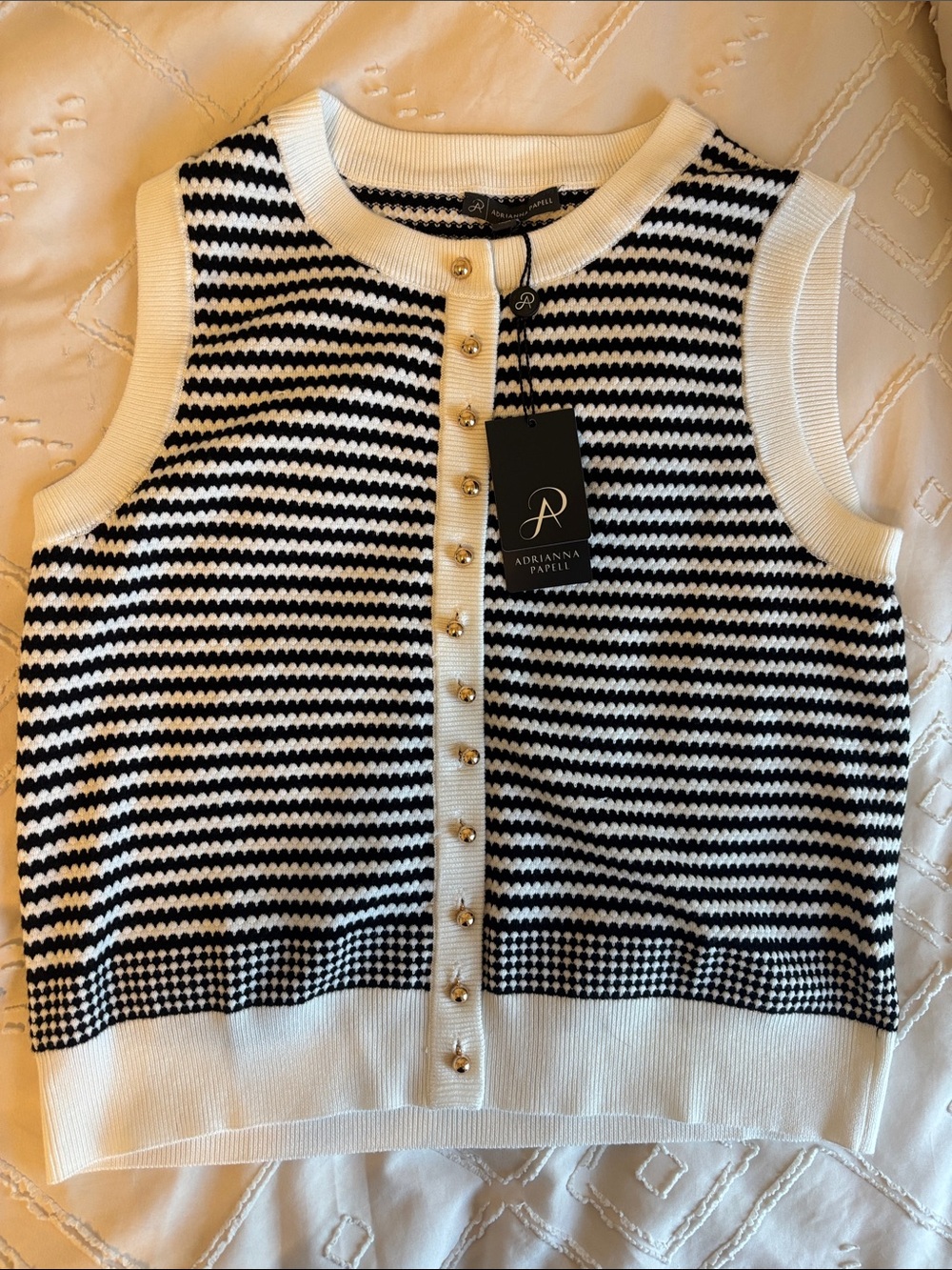 Adrianna Papell Black & White Striped Sleeveless Button-Front Knit Top